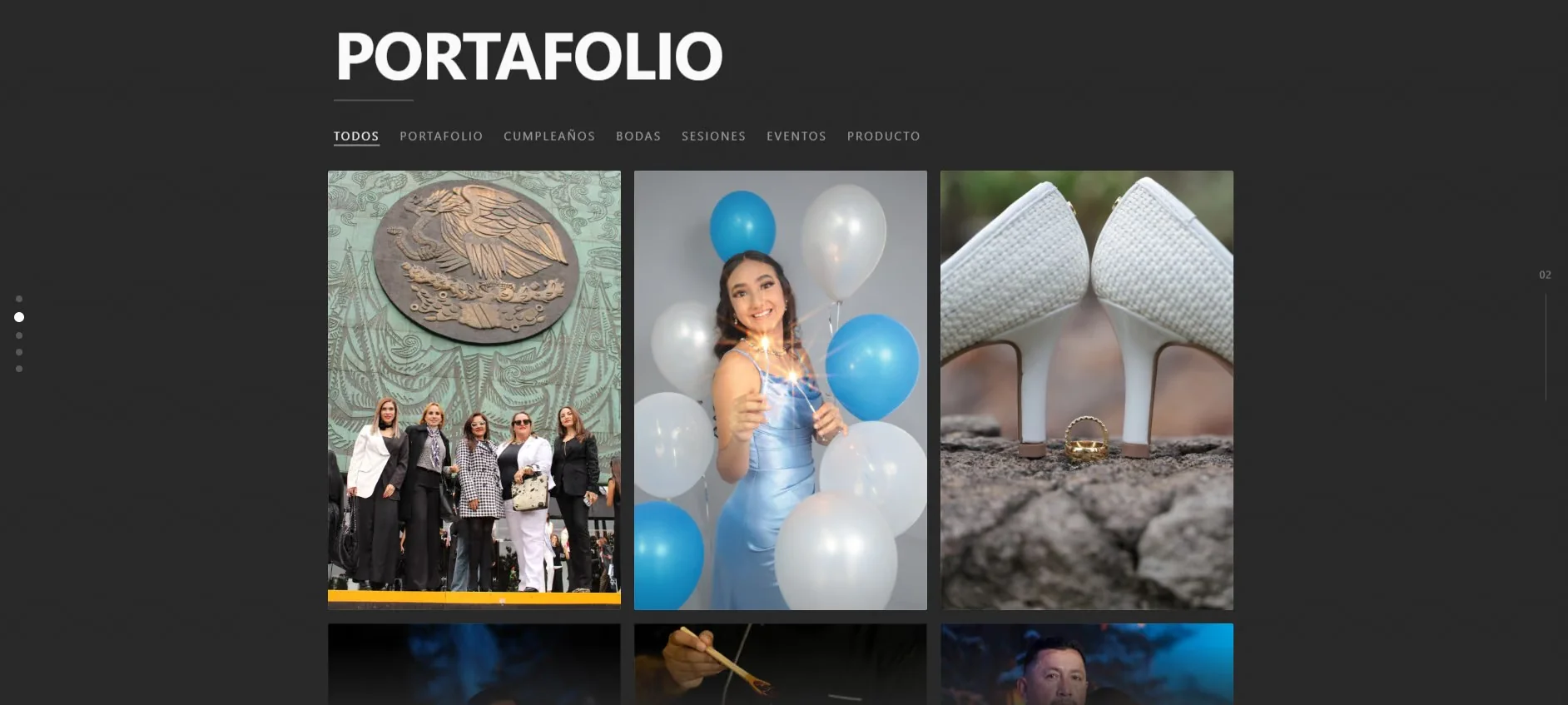 The portfolio: eighty photos in seven categories, with filters.