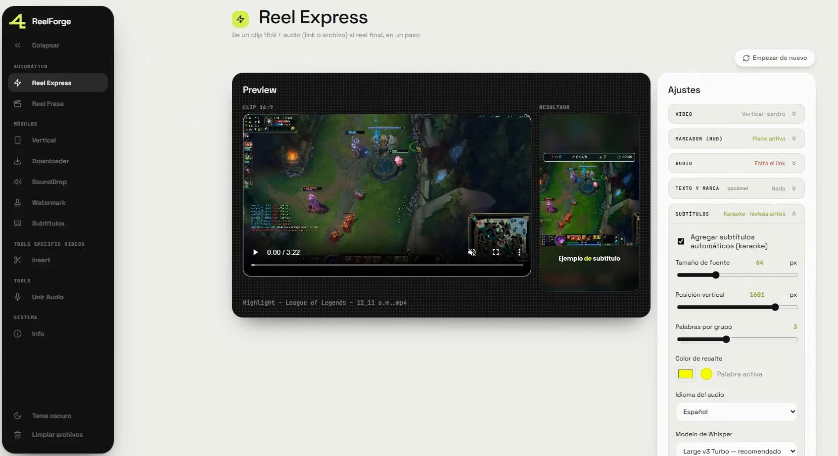 Reel Express: from a 16:9 clip plus audio to the finished reel, in one step.