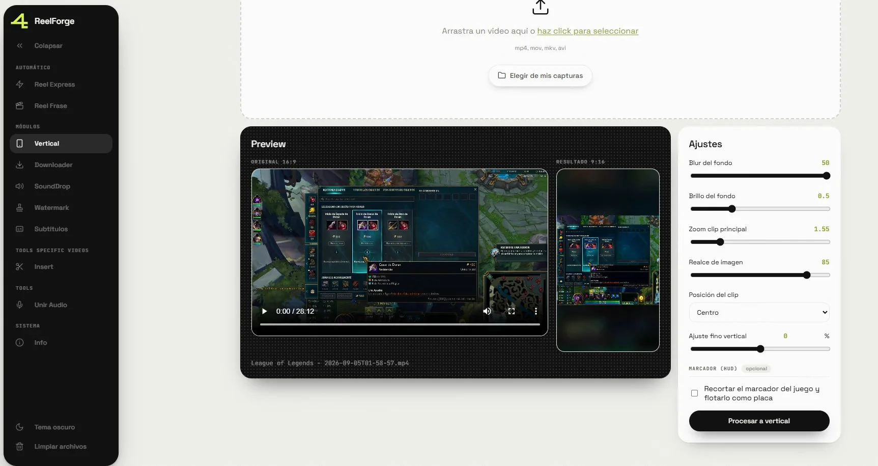 The Vertical module: blurred background, clip zoom and floating HUD.