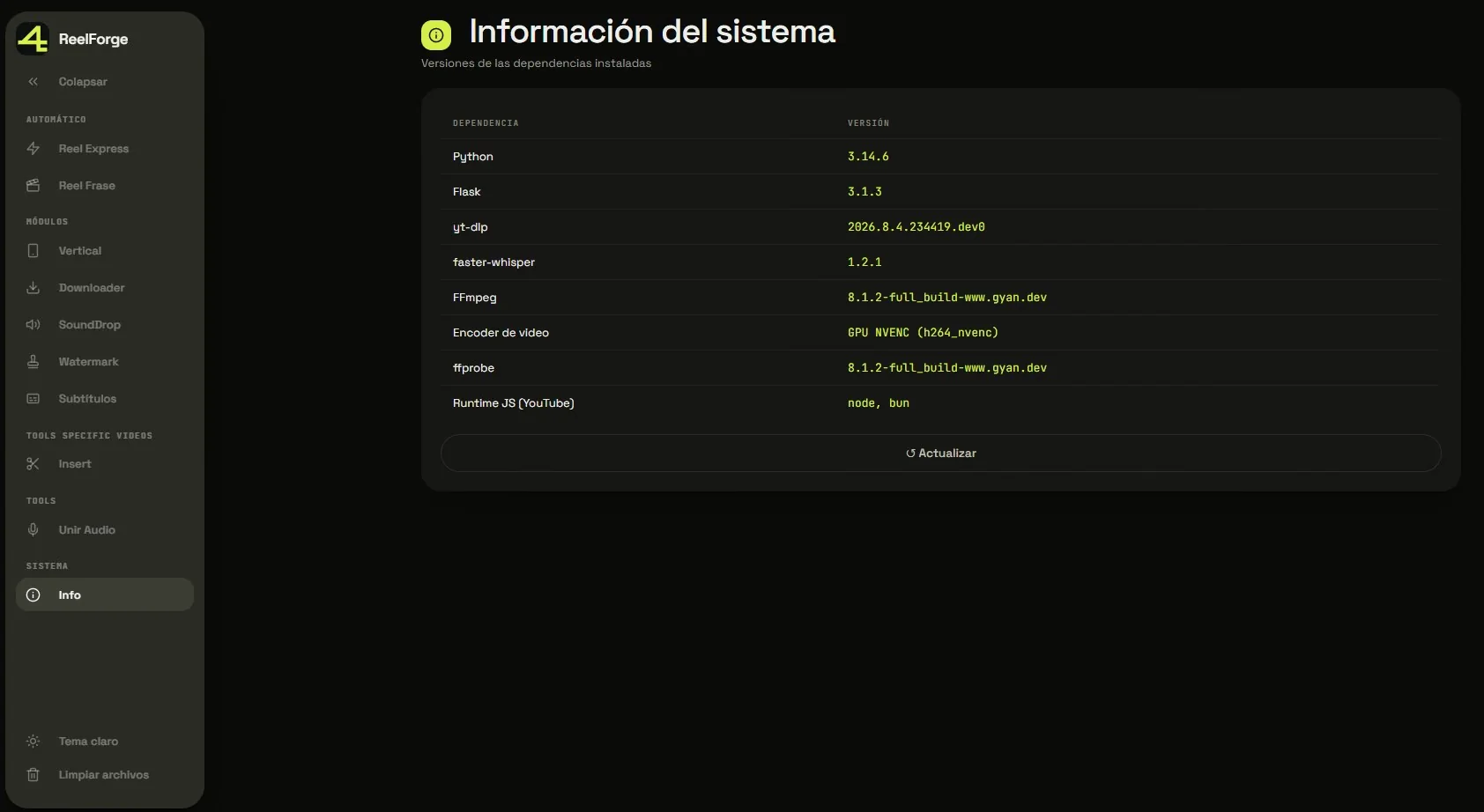 System information: FFmpeg, faster-whisper and the NVENC GPU encoder, now visible.