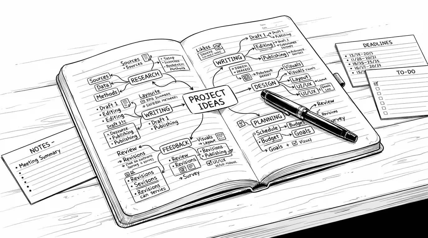 Open notebook on a desk, its notes linked to one another with ink lines